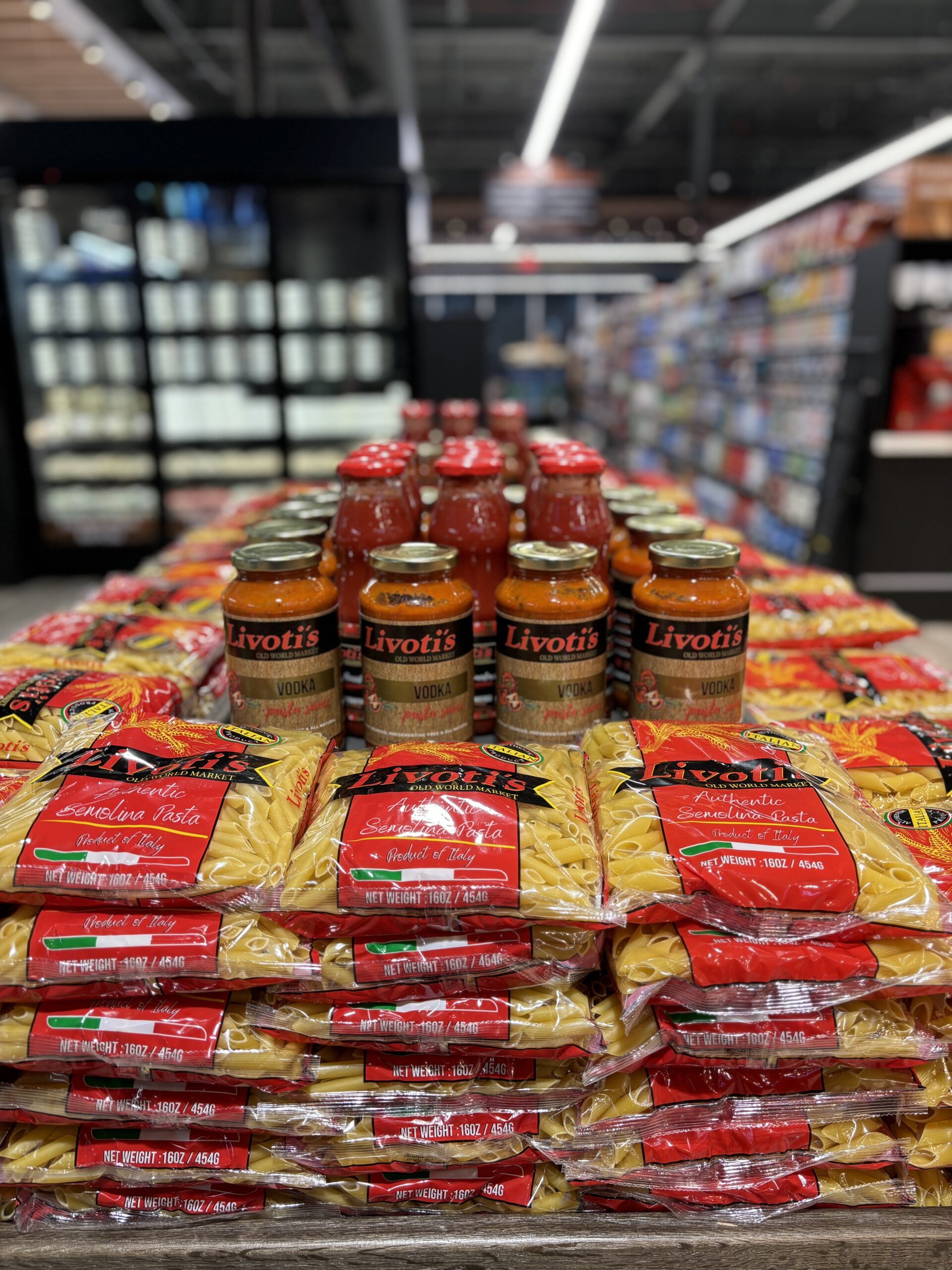 Jars of sauce and bags of pasta at Livoti's Old World Market