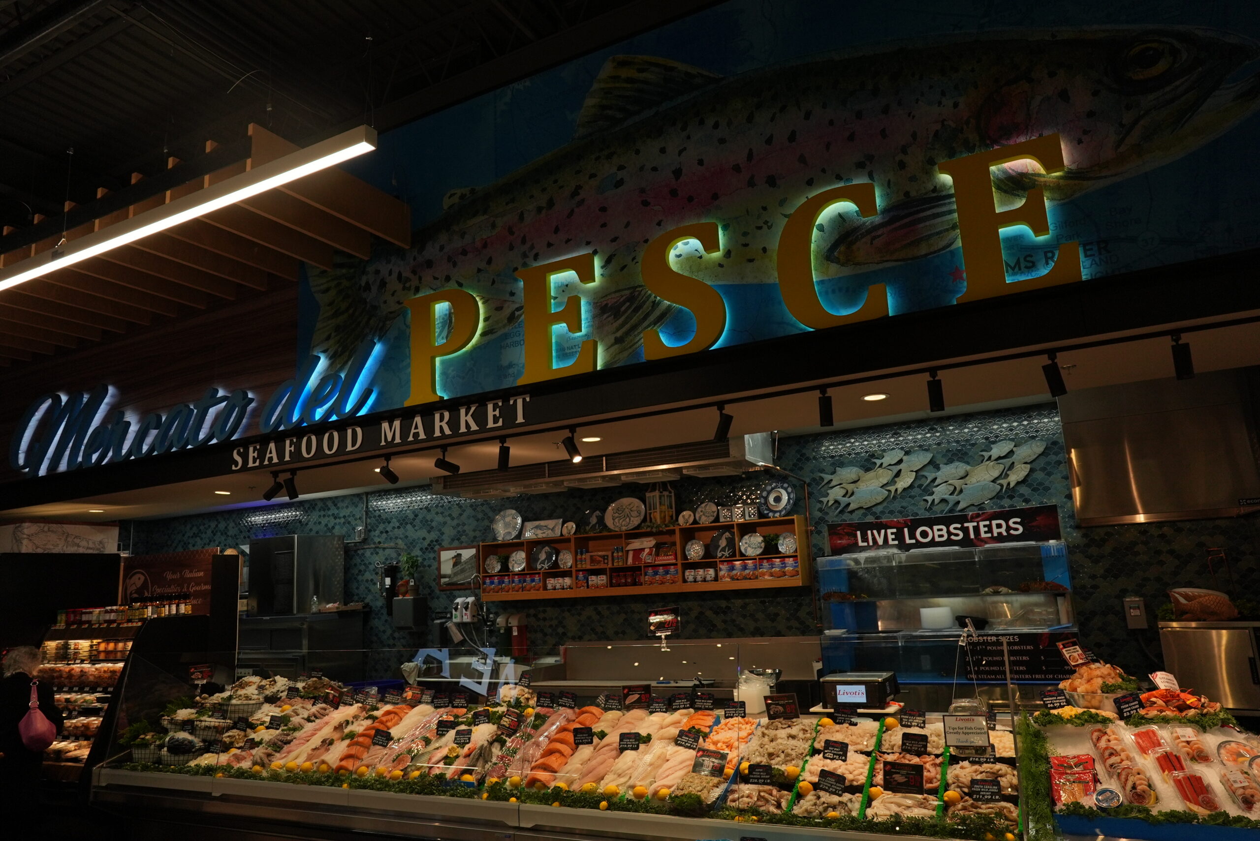 Fresh seafood, including live lobsters, at Livoti's Old World Market in NJ