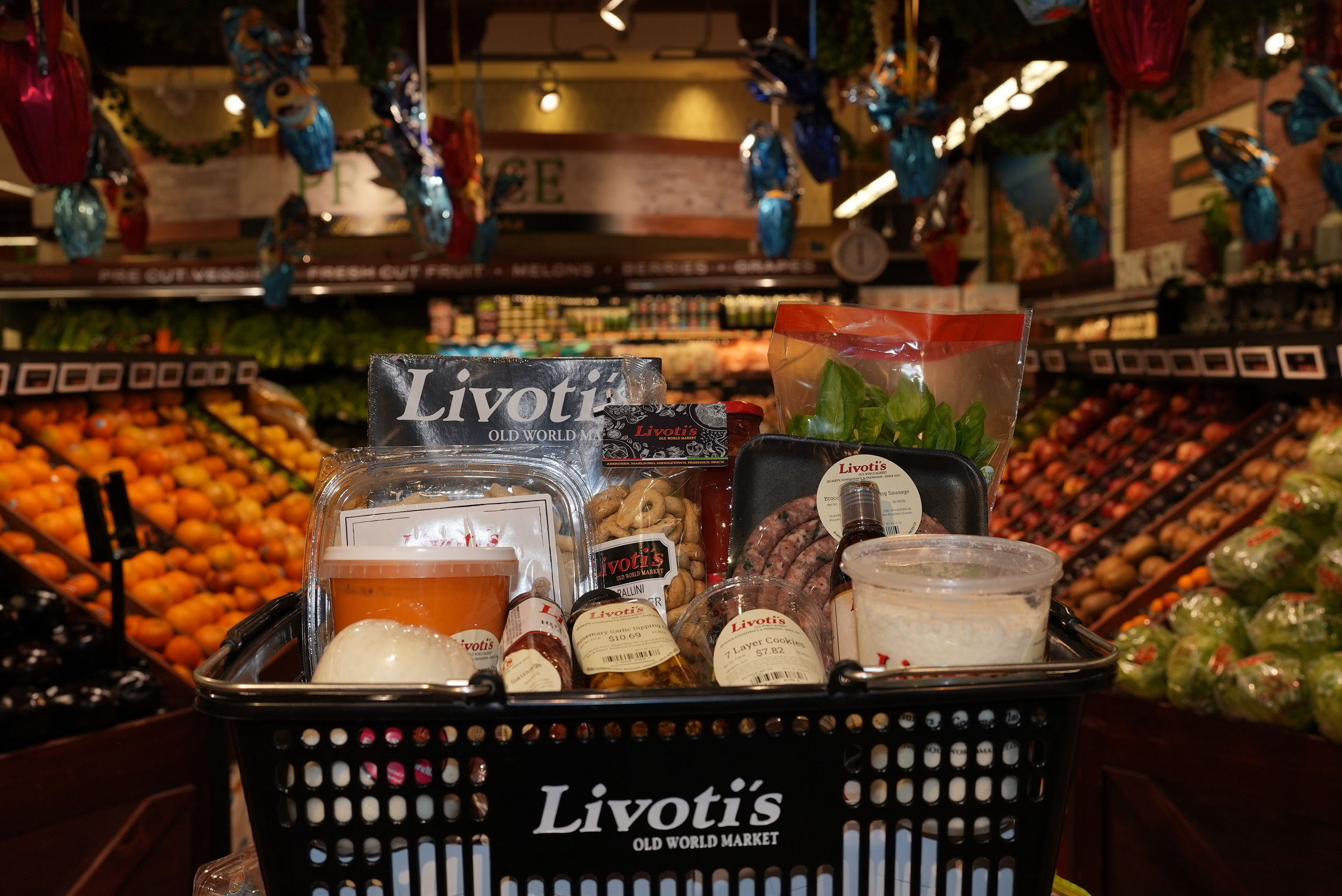 Italian specialties in a shopping basket at Livoti's Old World Market in NJ